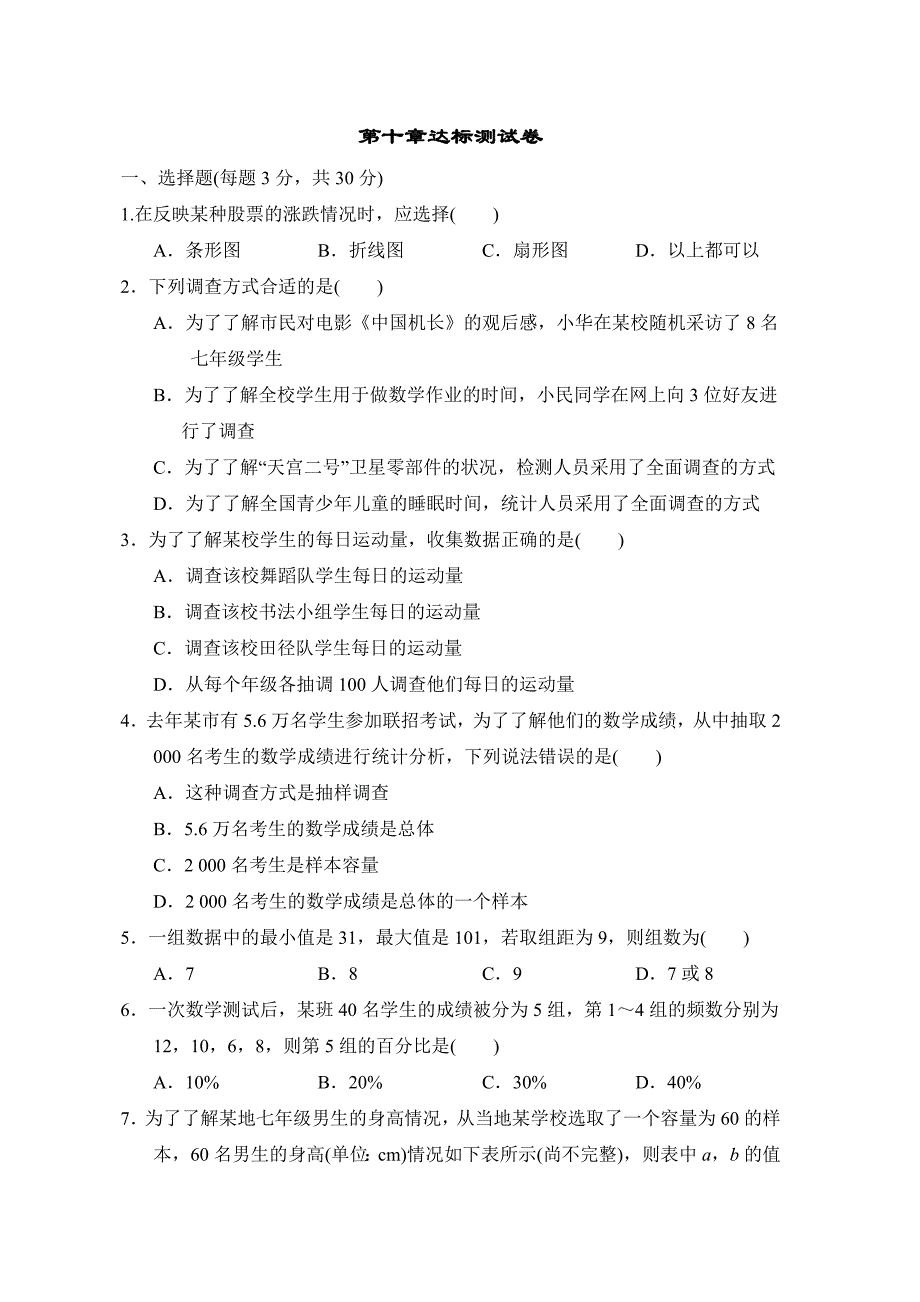 人教版七年级下册数学 第十章达标测试卷_第1页