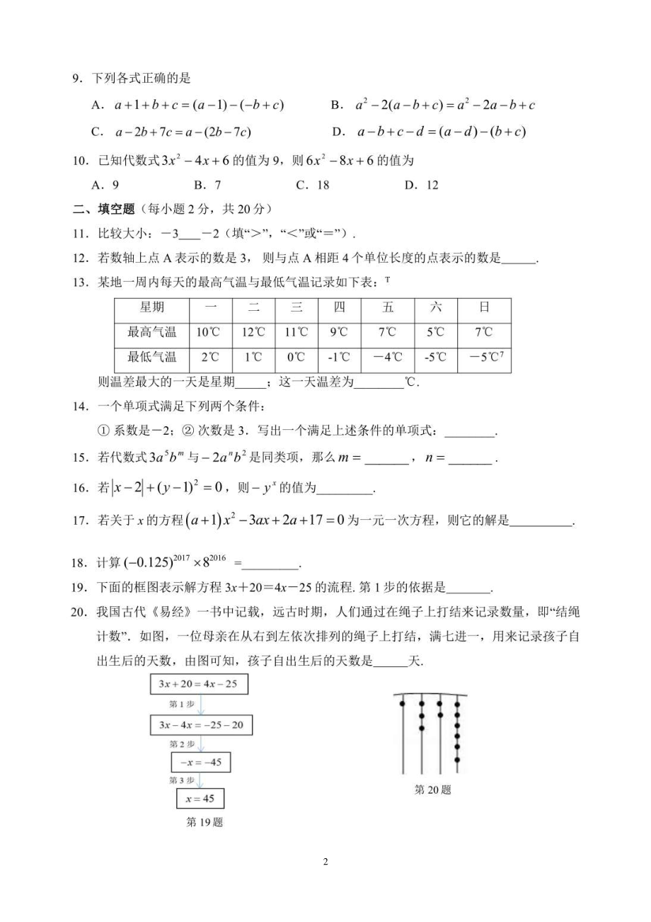 2017-2018年北京市初一数学上学期期中试卷_第2页