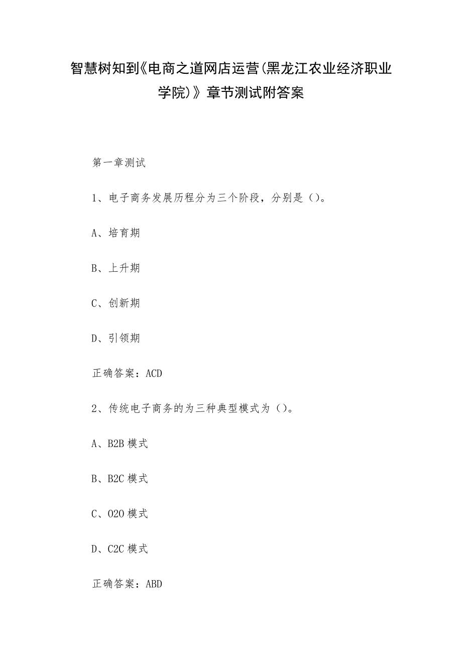 智慧树知到《电商之道网店运营(黑龙江农业经济职业学院)》章节测试附答案_第1页