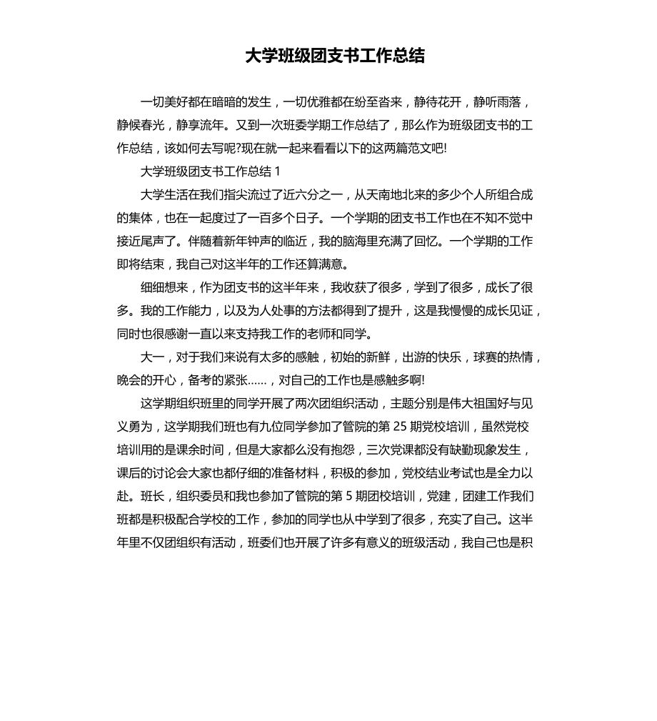 大学班级团支书工作总结文档_第1页