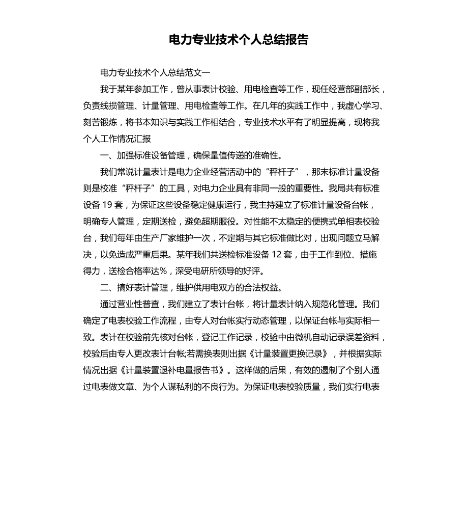 电力专业技术个人总结报告文档_第1页