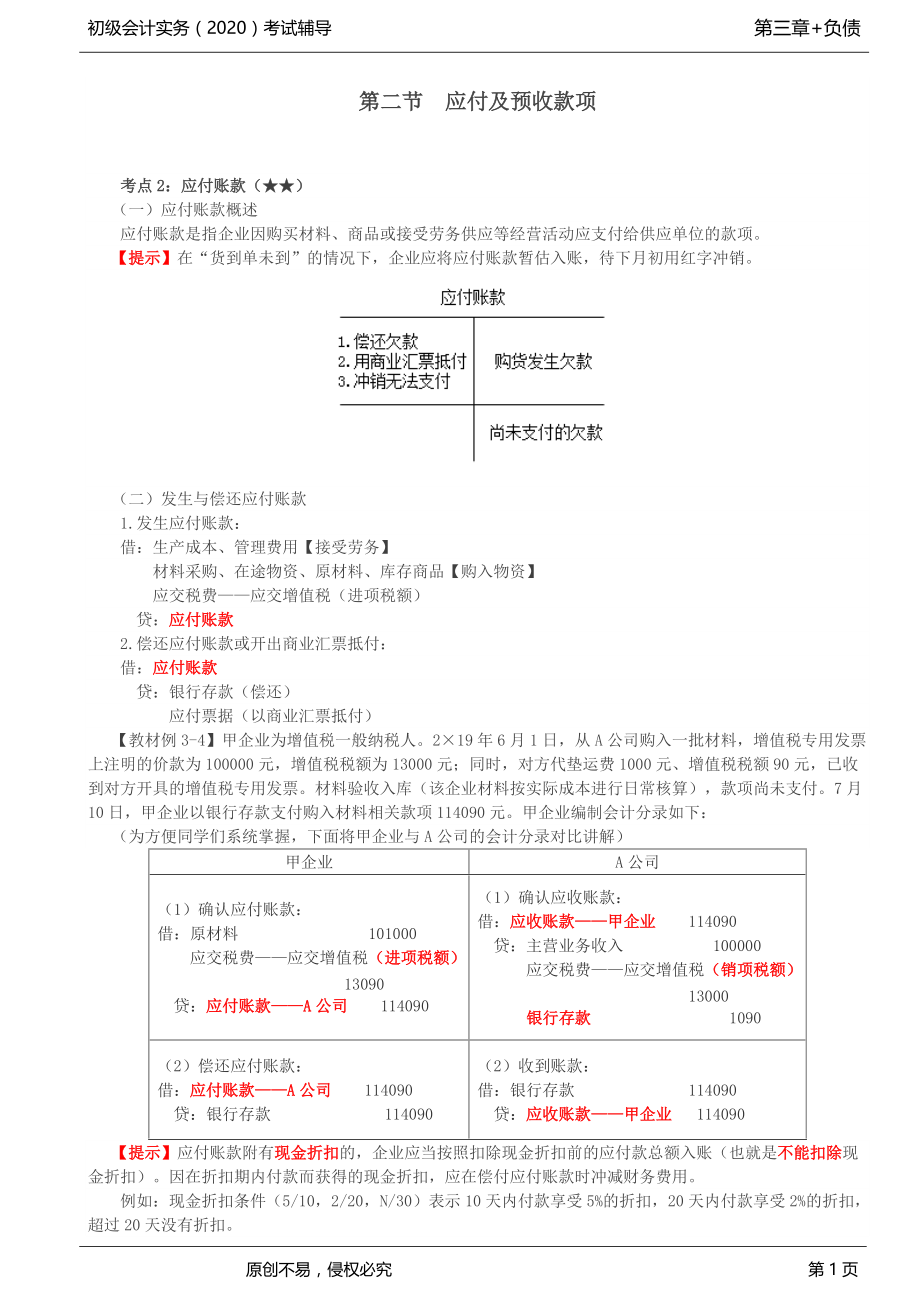 2020年初级会计师考试《实务》考点精讲讲义第31讲_应付及预收款项（2）_第1页