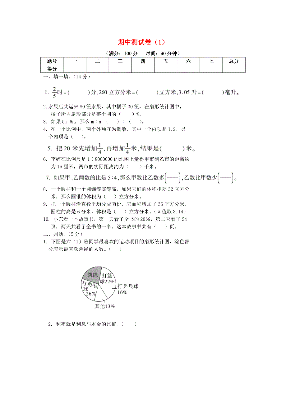 六年级数学下学期期中测试卷1苏教版202003052139_第1页