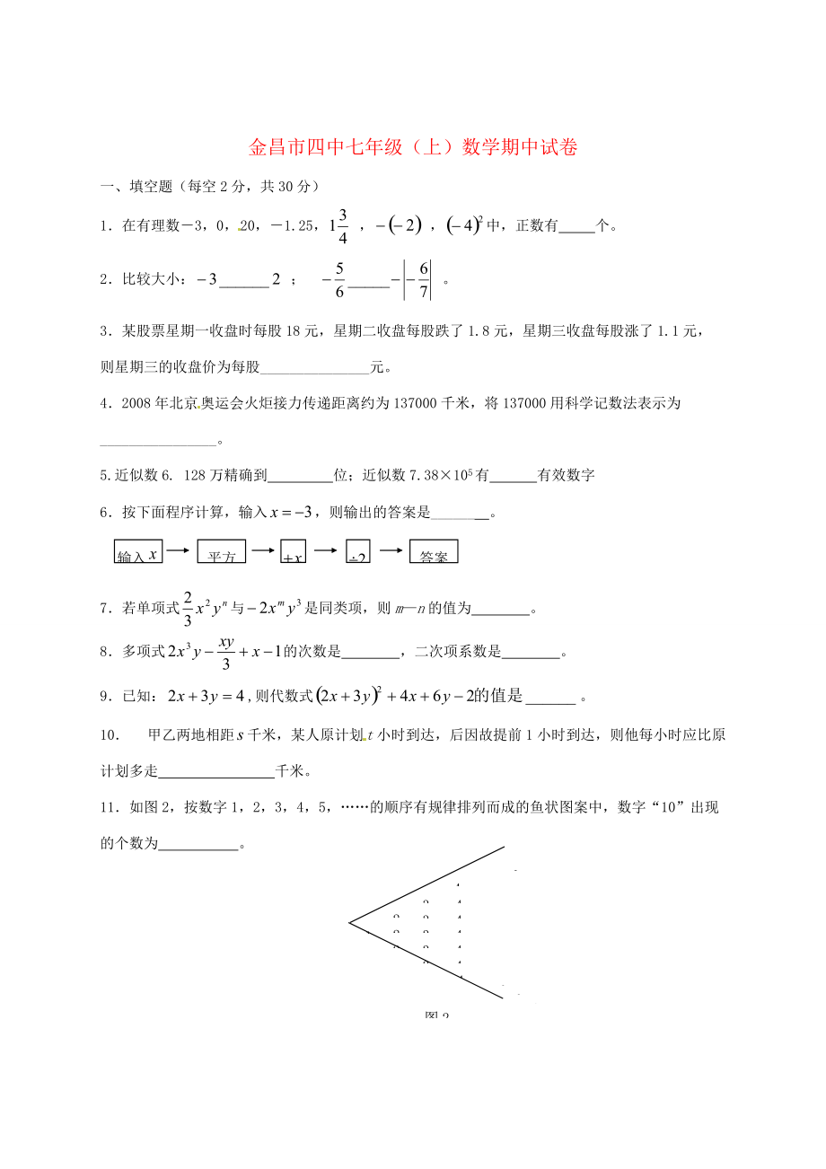 甘肃省金昌七年级数学期中考试试题(无答案 试题_第1页