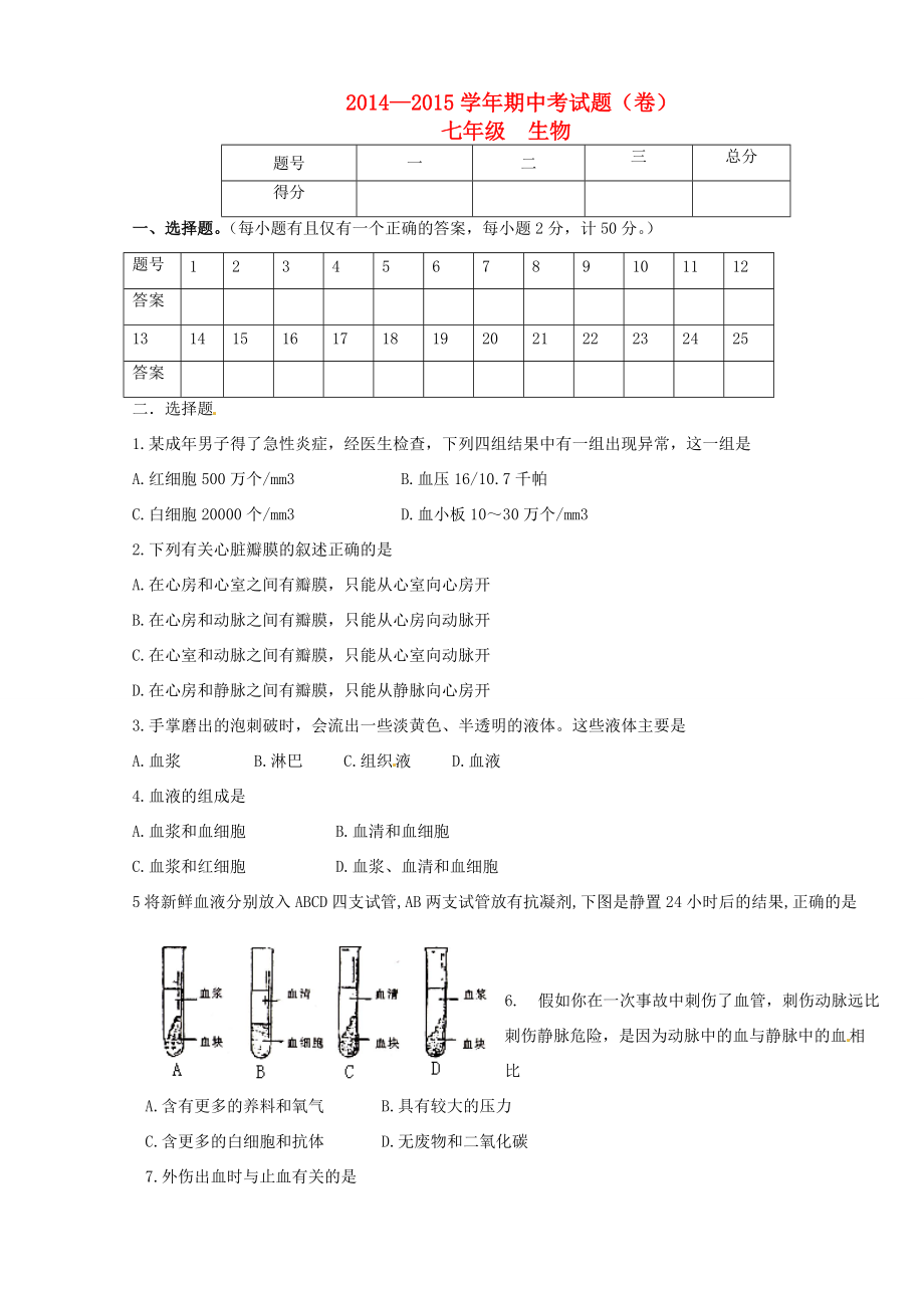 甘肃省静宁县城关2014 2015学年七年级生物下学期期中试题(无答案) 新人教版_第1页