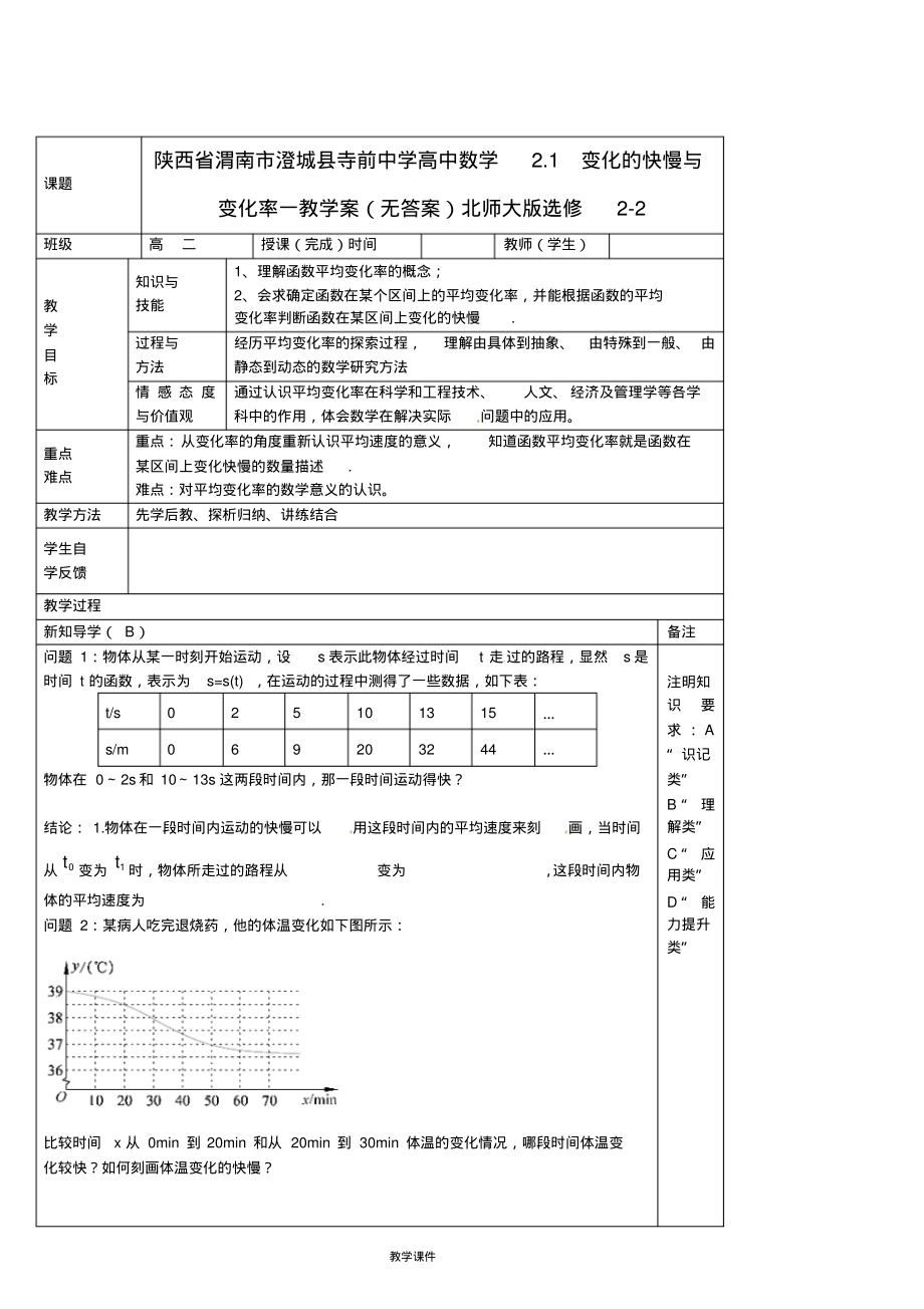 高中数学2.1变化的快慢与变化率一教学案(无答案)北师大版选修2-2_第1页