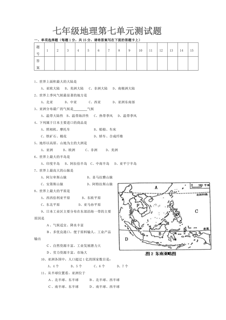 七年级地理第七单元测试题_第1页