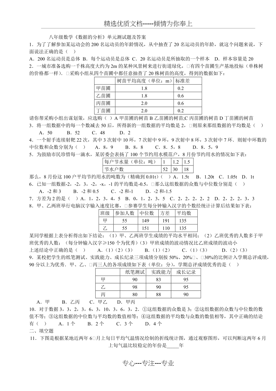 八年级数学《数据的分析》单元测试题及答案(共4页)_第1页