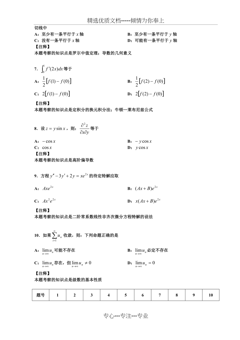 2014成考专升本高数一模拟试题(二)及答案(共7页)_第2页