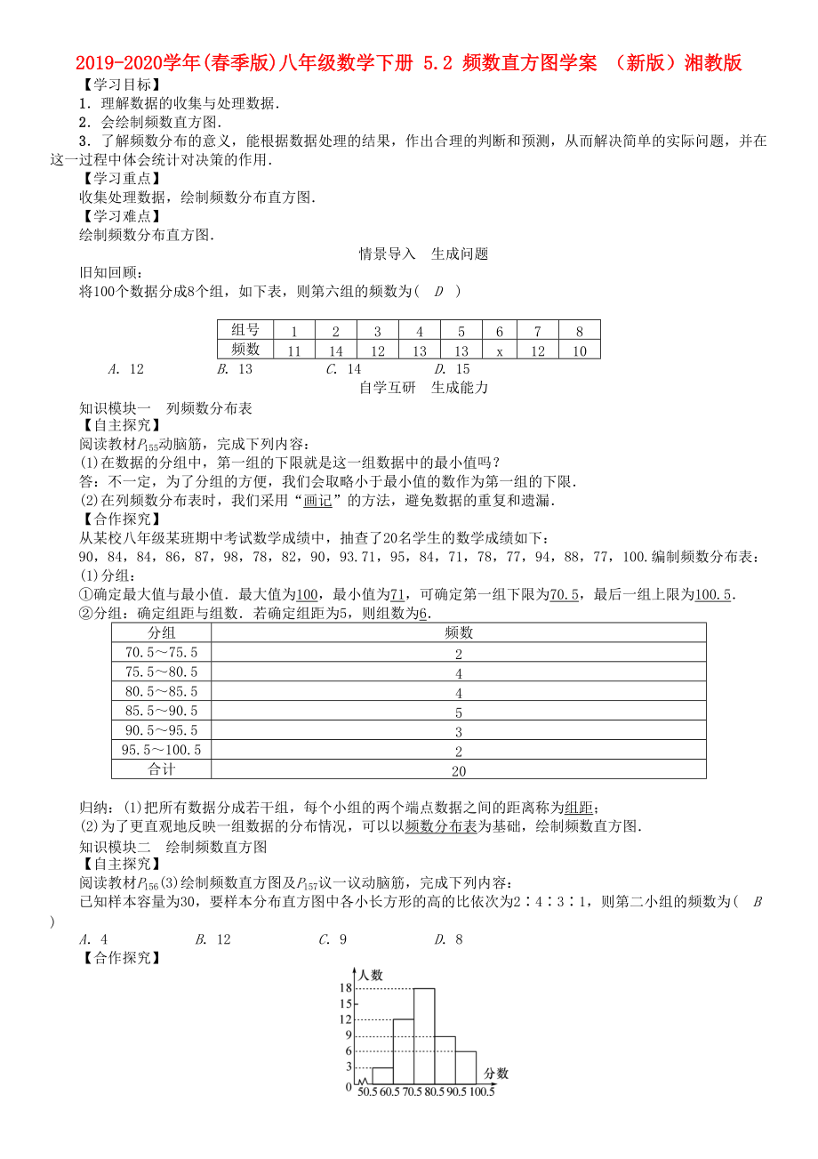 2019-2020学年(春季版)八年级数学下册-5.2-频数直方图学案-(新版)湘教版.doc_第1页