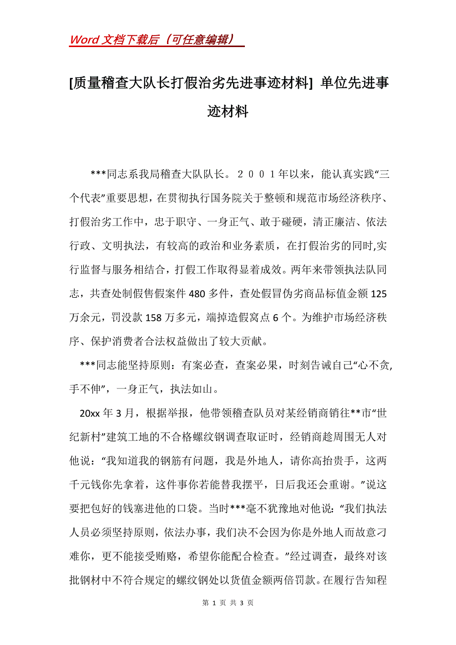 [质量稽查大队长打假治劣先进事迹材料] 单位先进事迹材料_第1页