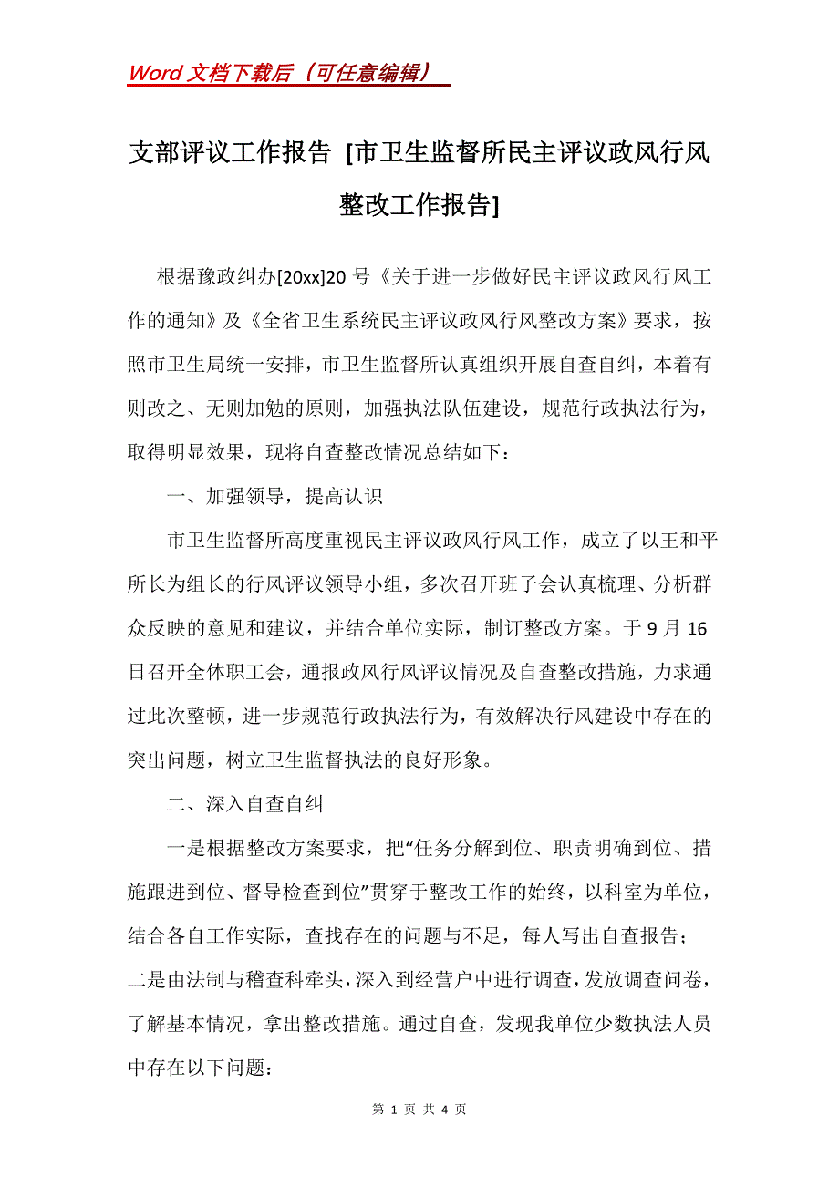 支部评议工作报告 [市卫生监督所民主评议政风行风整改工作报告]_第1页