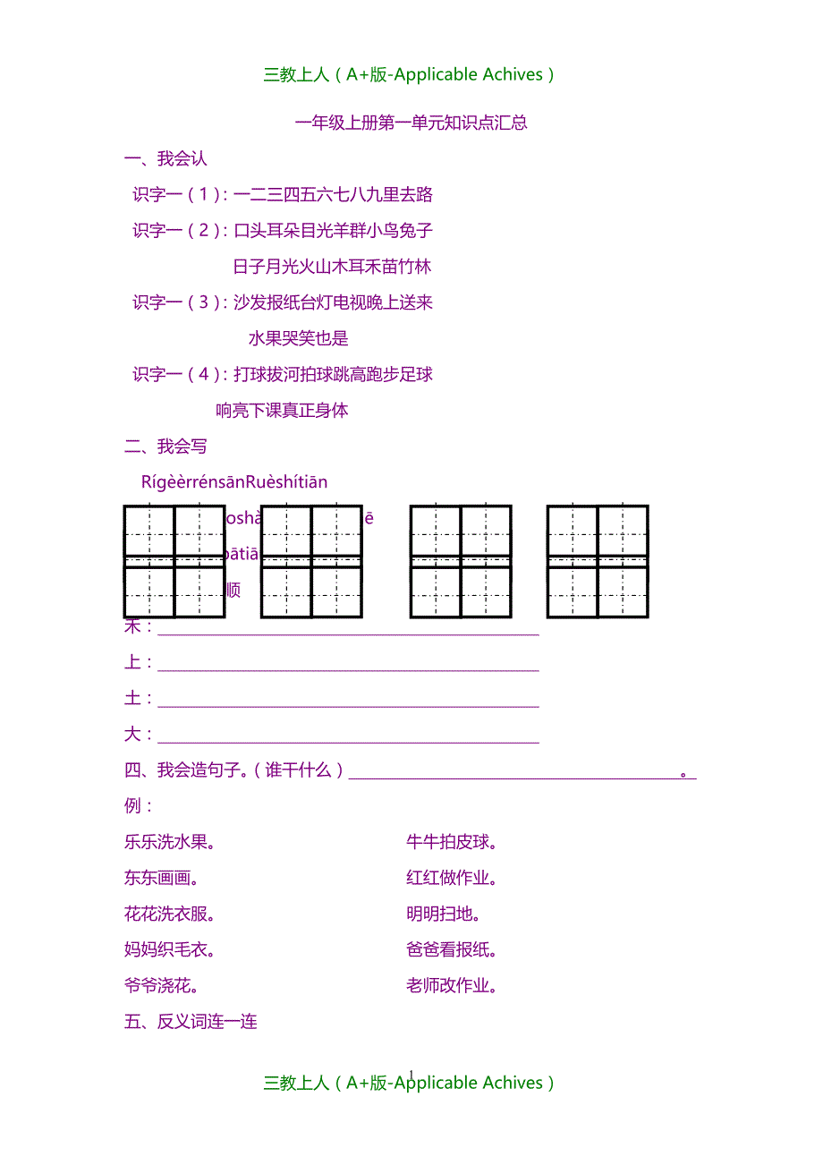 小学教育-人教版小学一年级语文上册各单元知识点汇总_第1页