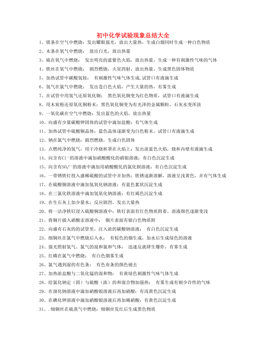 201考化学总复习实验现象总结大全_第1页