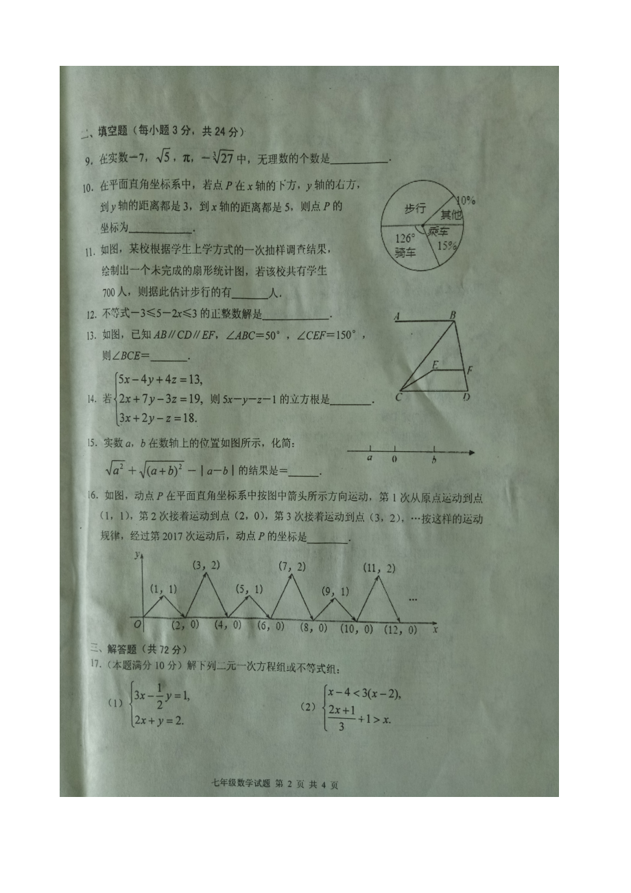 湖北省浠水县2017-2018学年七年级数学下学期期末试题（扫描版）新人教版_第2页