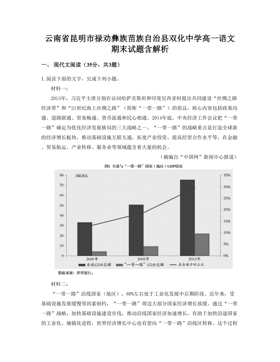 云南省昆明市禄劝彝族苗族自治县双化中学高一语文期末试题含解析_第1页