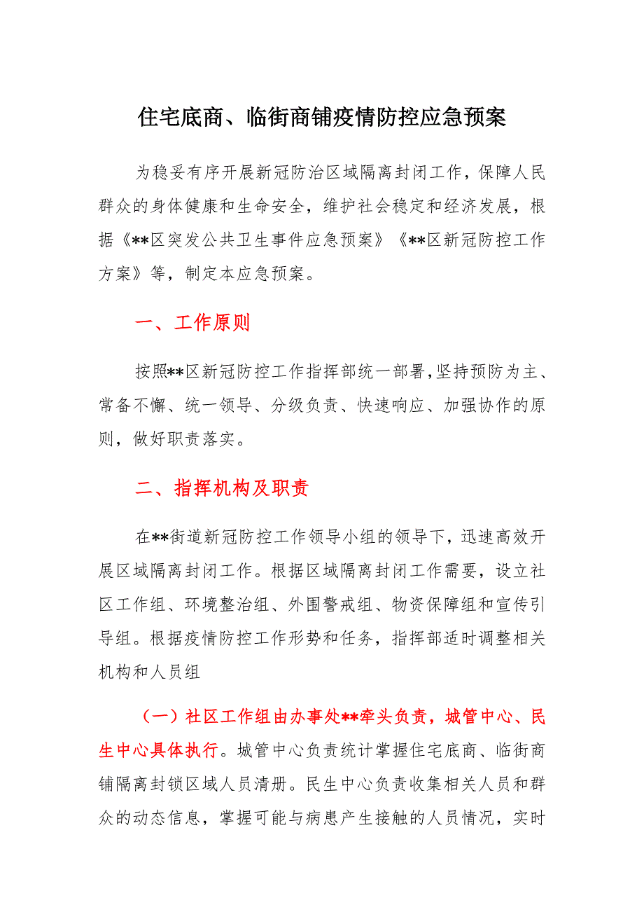 住宅底商、临街商铺疫情防控应急预案模板_第1页