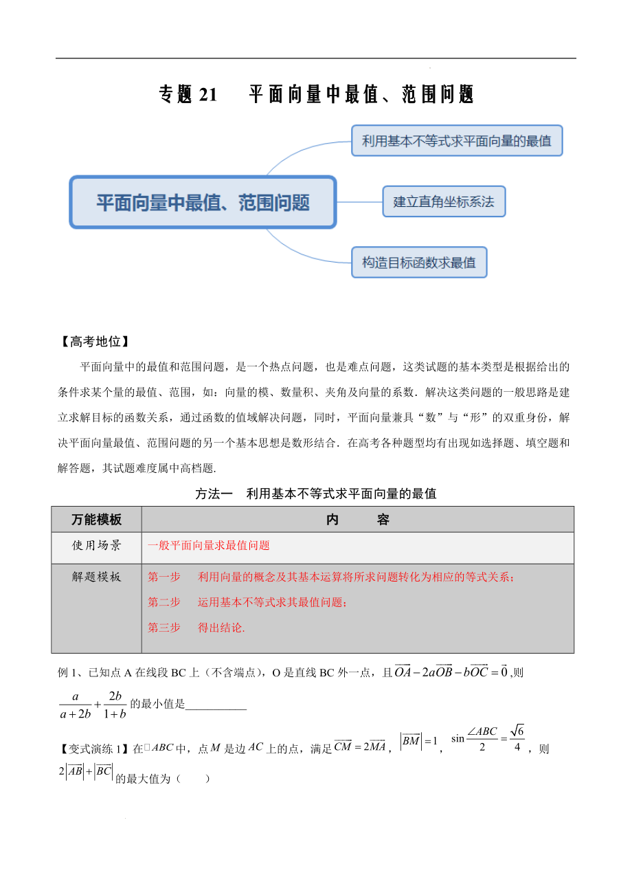 高三数学万能解题模板专题21 平面向量中最值、范围问题（原卷版）_第1页