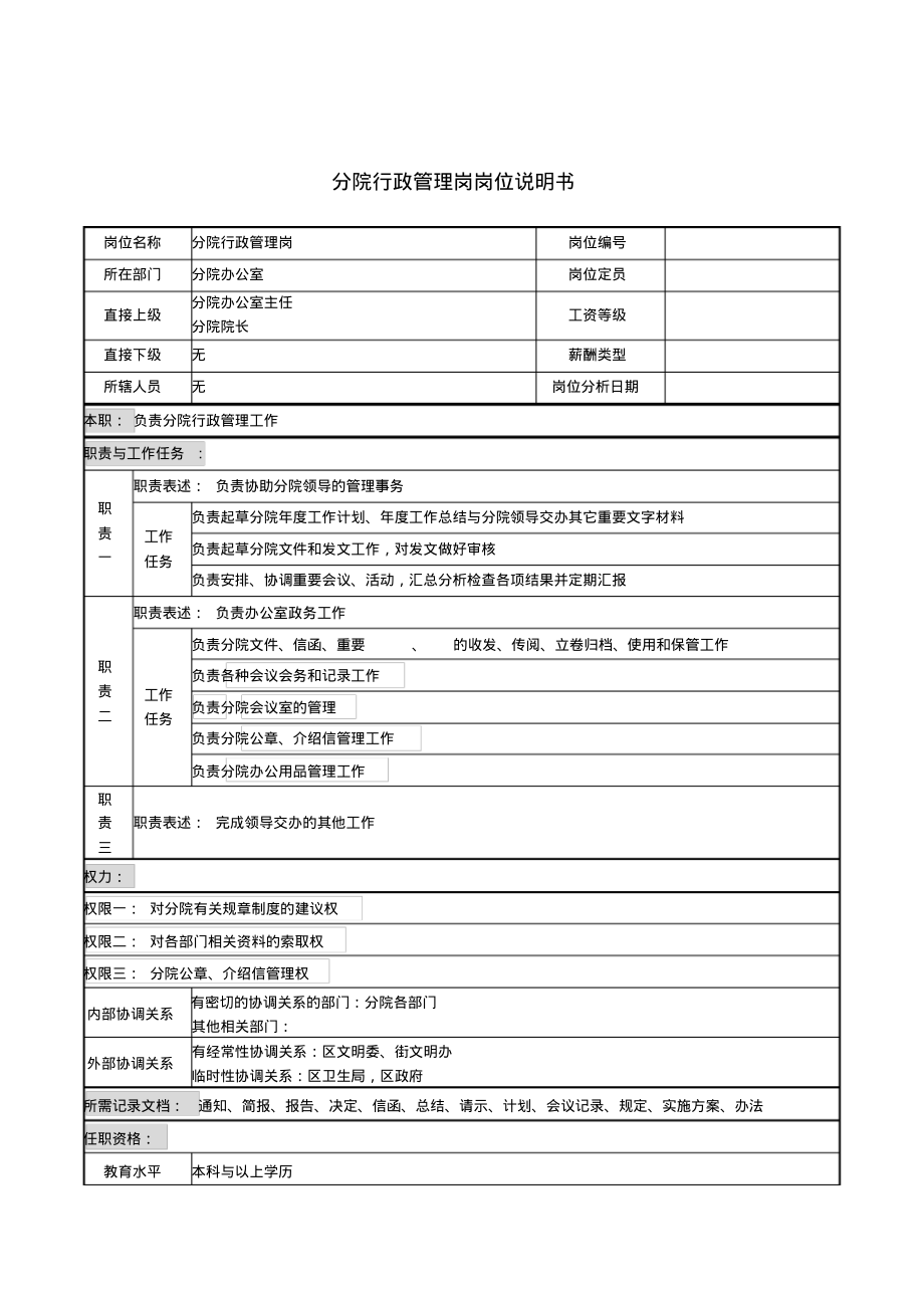 分院行政管理岗岗位说明书_第1页