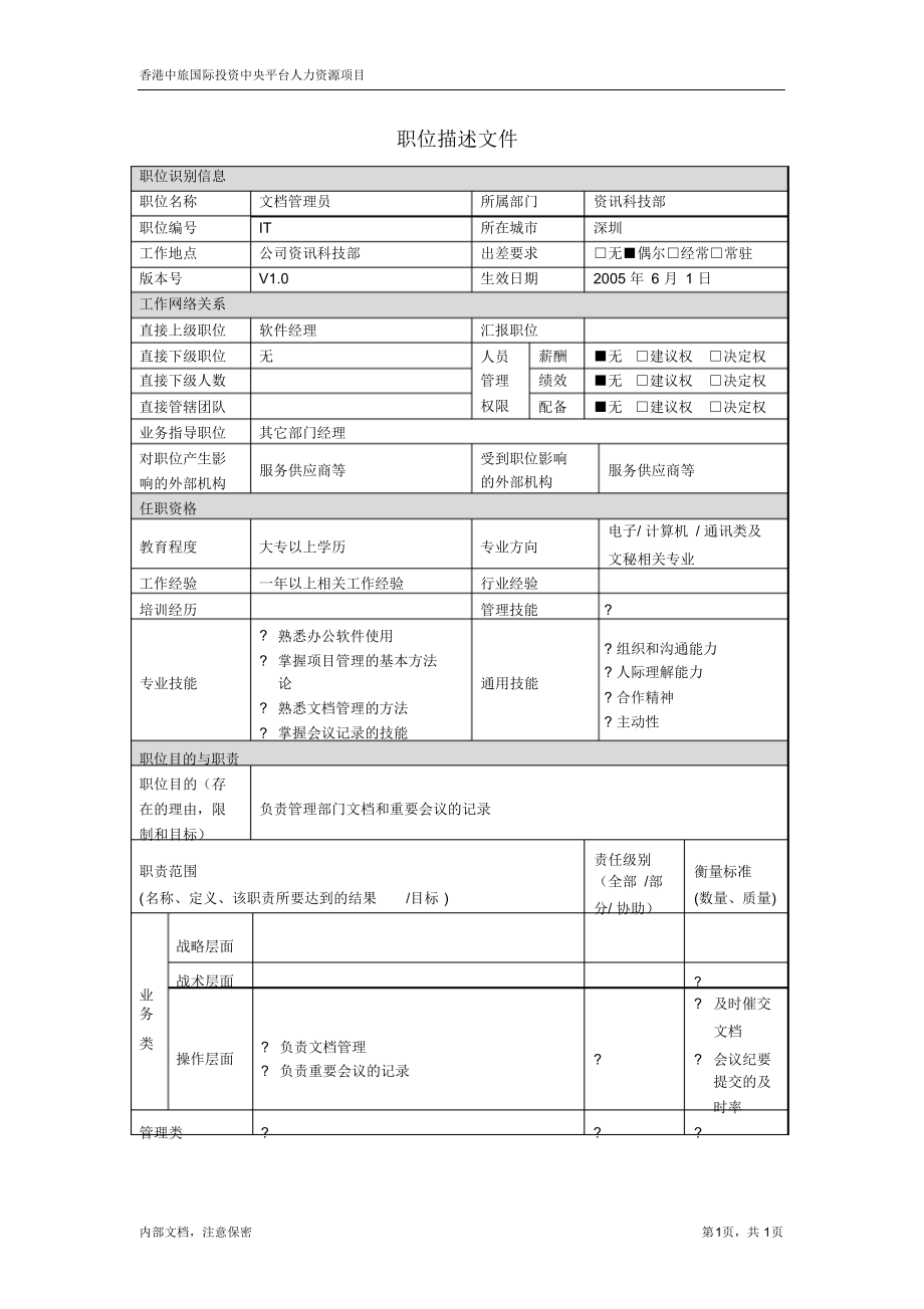 （可编）资讯科技部职位描述-文档管理员_第1页