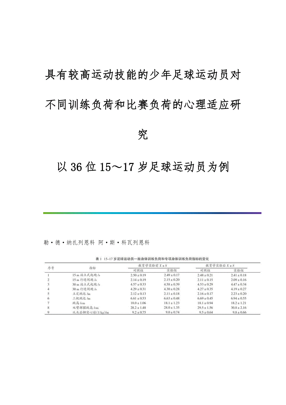 具有较高运动技能的少年足球运动员对不同训练负荷和比赛负荷的心理适应研究：以36位15～17岁足球运动员为例_第1页