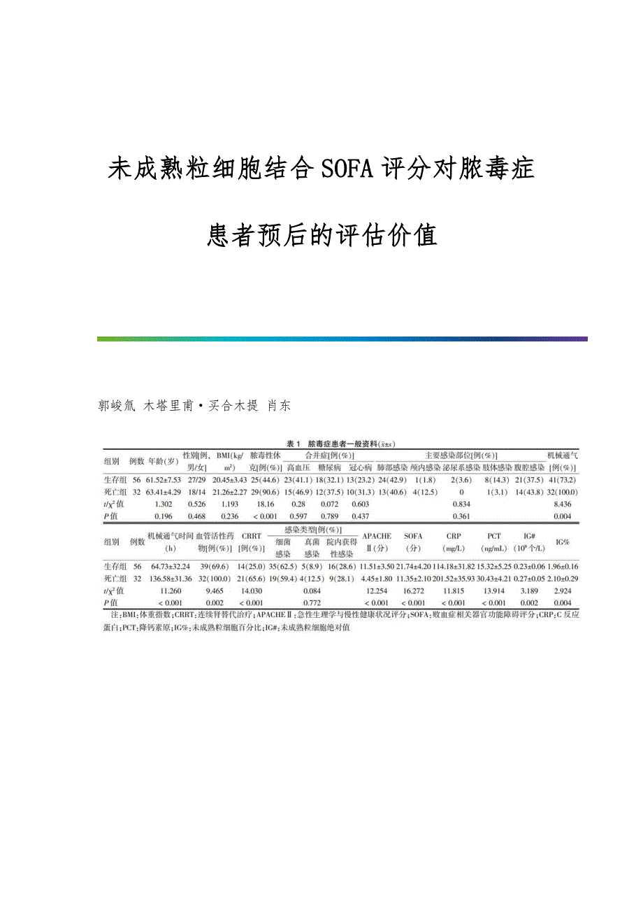 未成熟粒细胞结合SOFA评分对脓毒症患者预后的评估价值_第1页