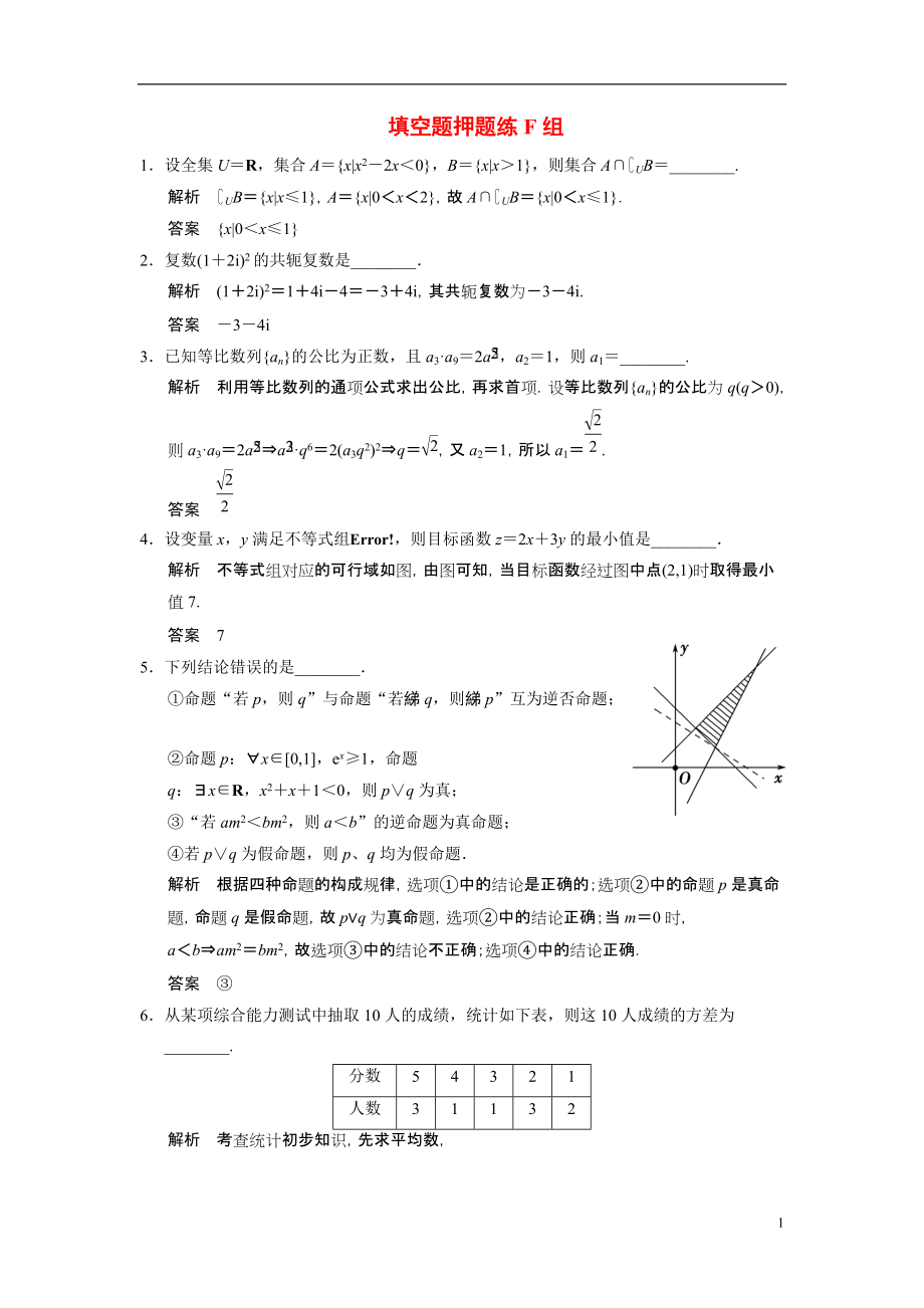 【创新设计】（江苏专用）2021届高考数学二轮总复习 填空题押题练F组 文_第1页