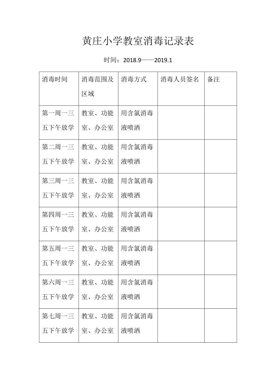 黄庄小学教室消毒记录表_第1页