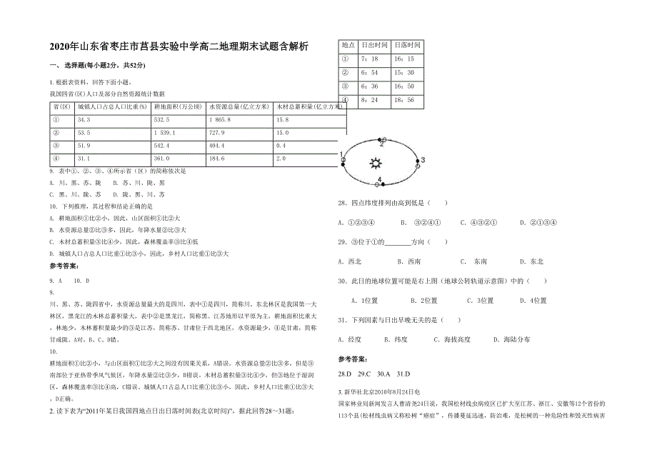 2020年山东省枣庄市莒县实验中学高二地理期末试题含解析_第1页