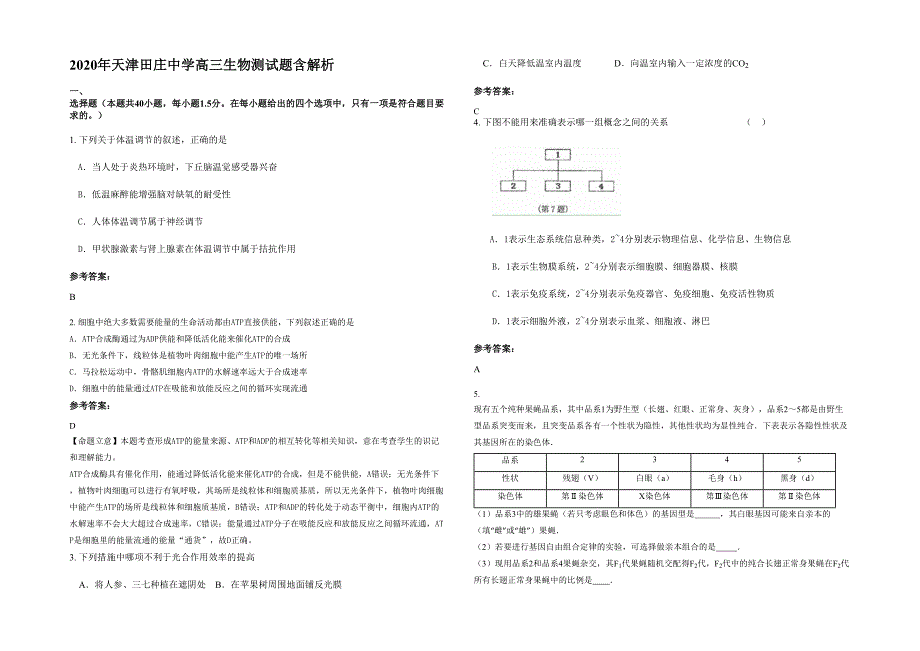 2020年天津田庄中学高三生物测试题含解析_第1页