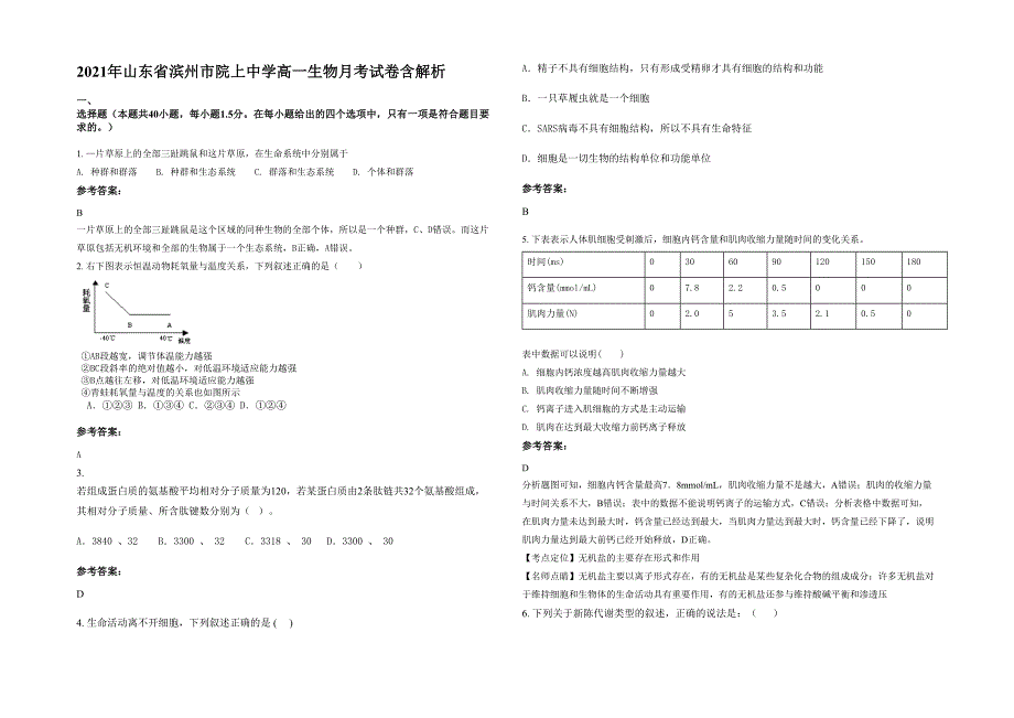 2021年山东省滨州市院上中学高一生物月考试卷含解析_第1页