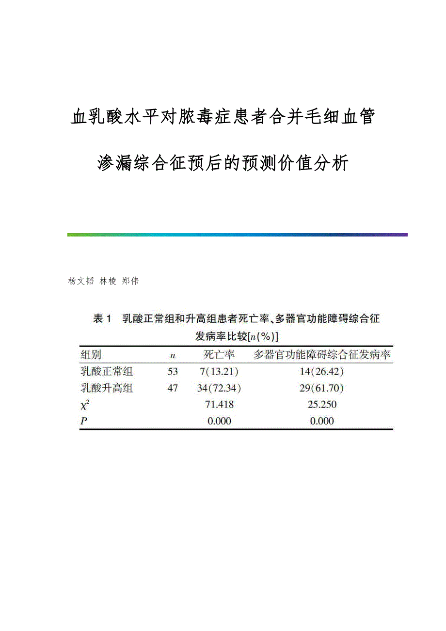 血乳酸水平对脓毒症患者合并毛细血管渗漏综合征预后的预测价值分析_第1页