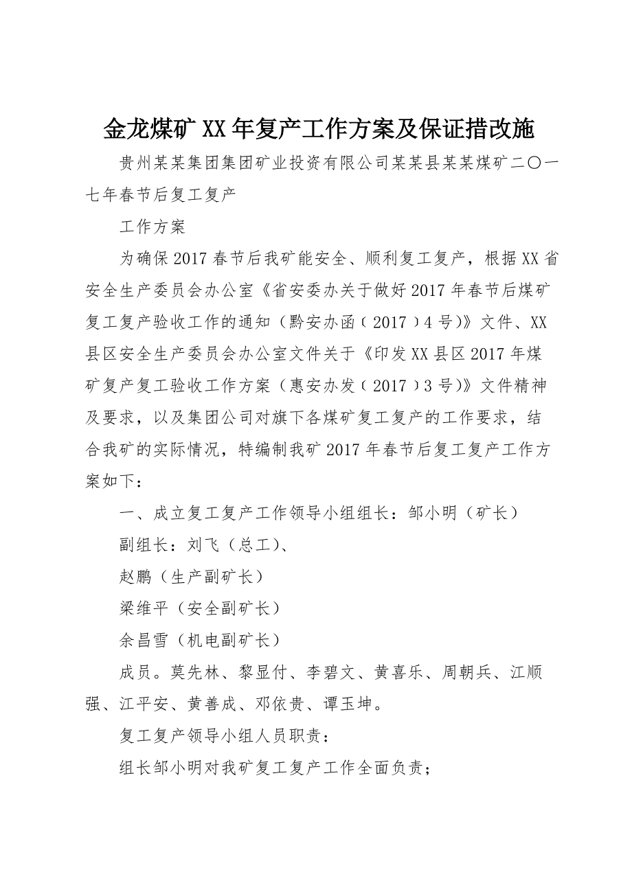 金龙煤矿XX年复产工作方案及保证措改施 (4)_第1页