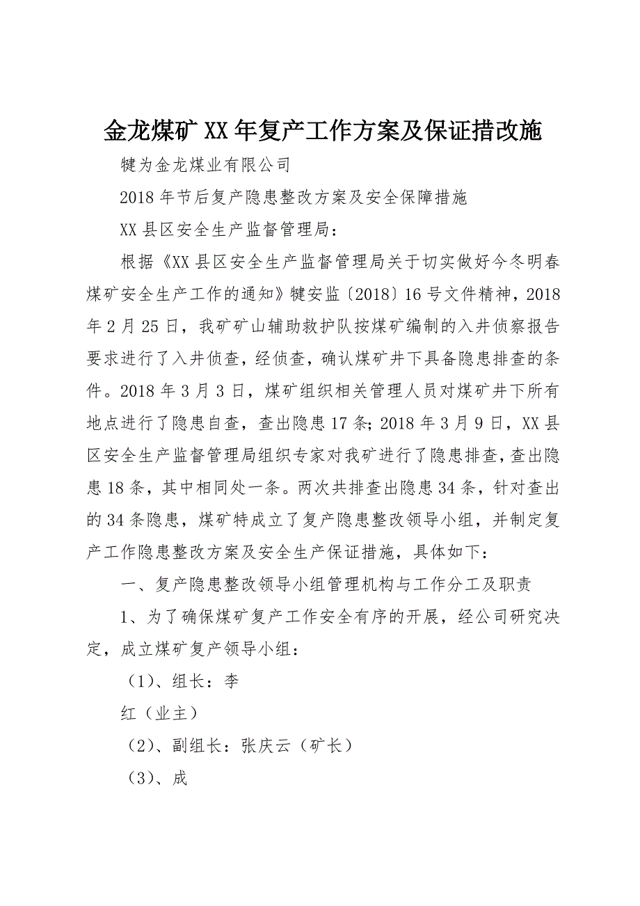 金龙煤矿XX年复产工作方案及保证措改施_第1页