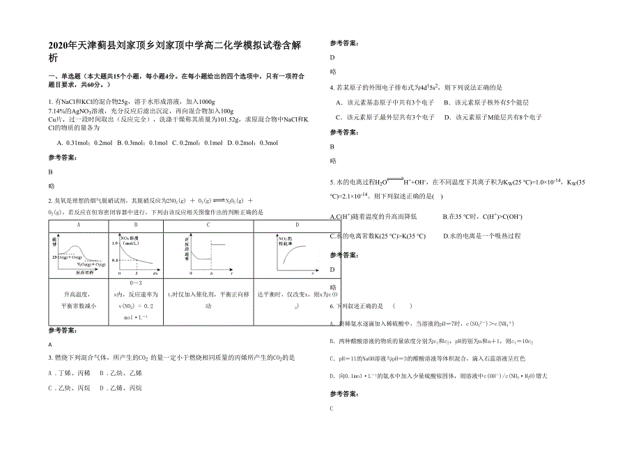 2020年天津蓟县刘家顶乡刘家顶中学高二化学模拟试卷含解析_第1页