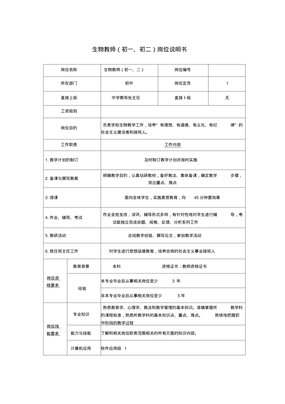 生物教师(初一、初二)岗位说明书_第1页