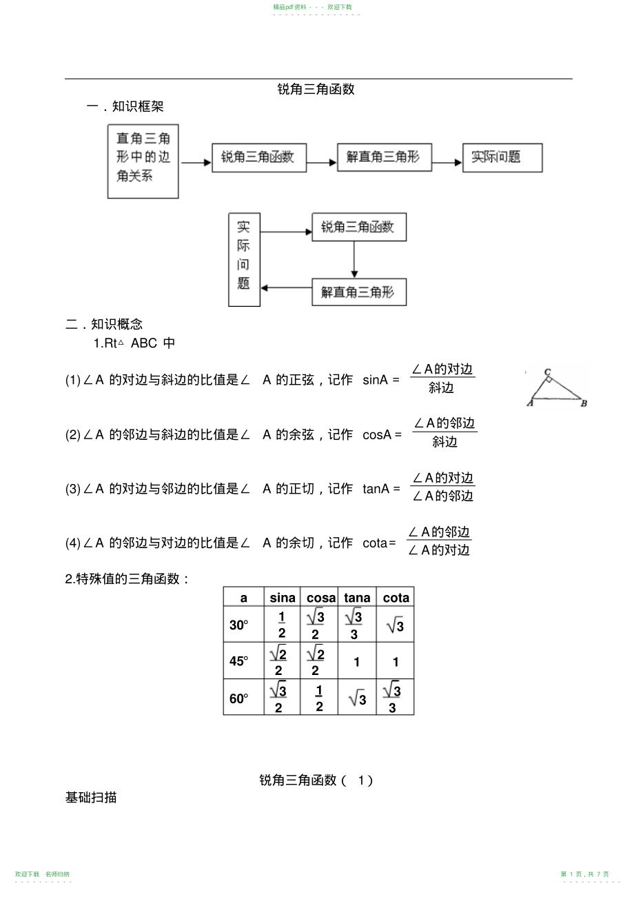 人教版九年级数学下册第28章锐角三角函数知识点及试题(含答案)(20211118082737)_第1页