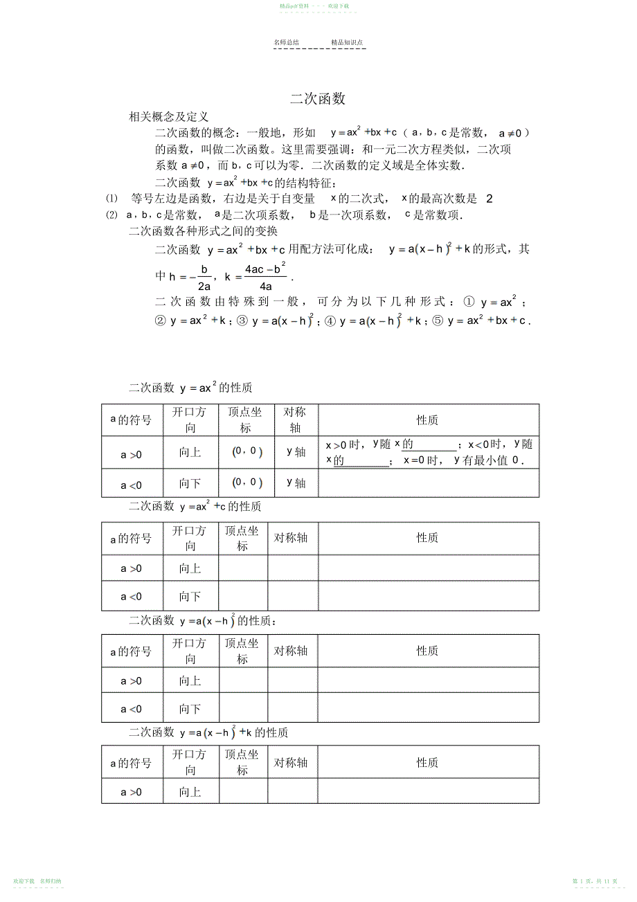 人教版九年级数学下二次函数最全的中考二次函数知识点总结_第1页