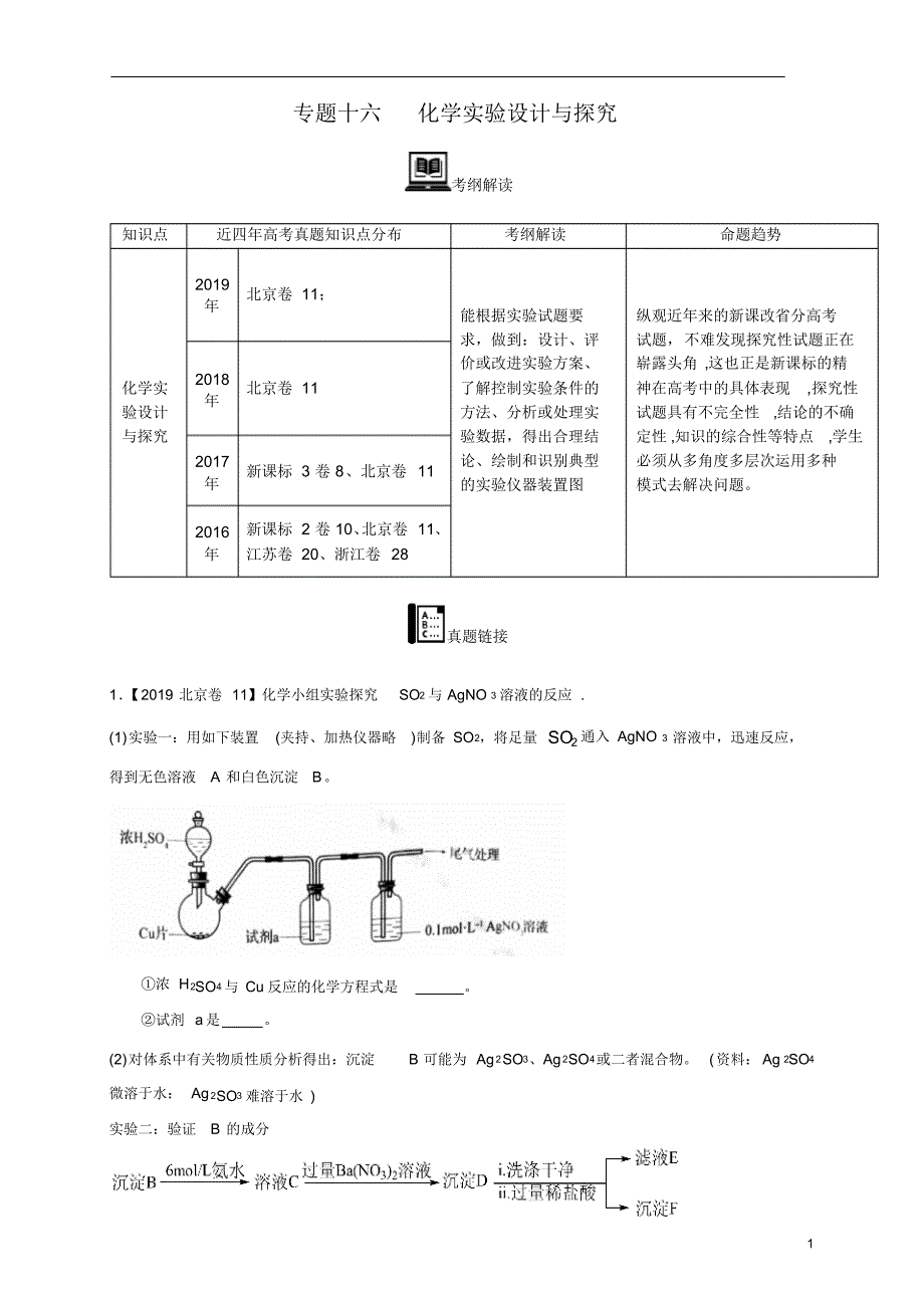 【2016-2019四年高考真题分类汇编】化学专题16化学实验设计与探究教师版_第1页