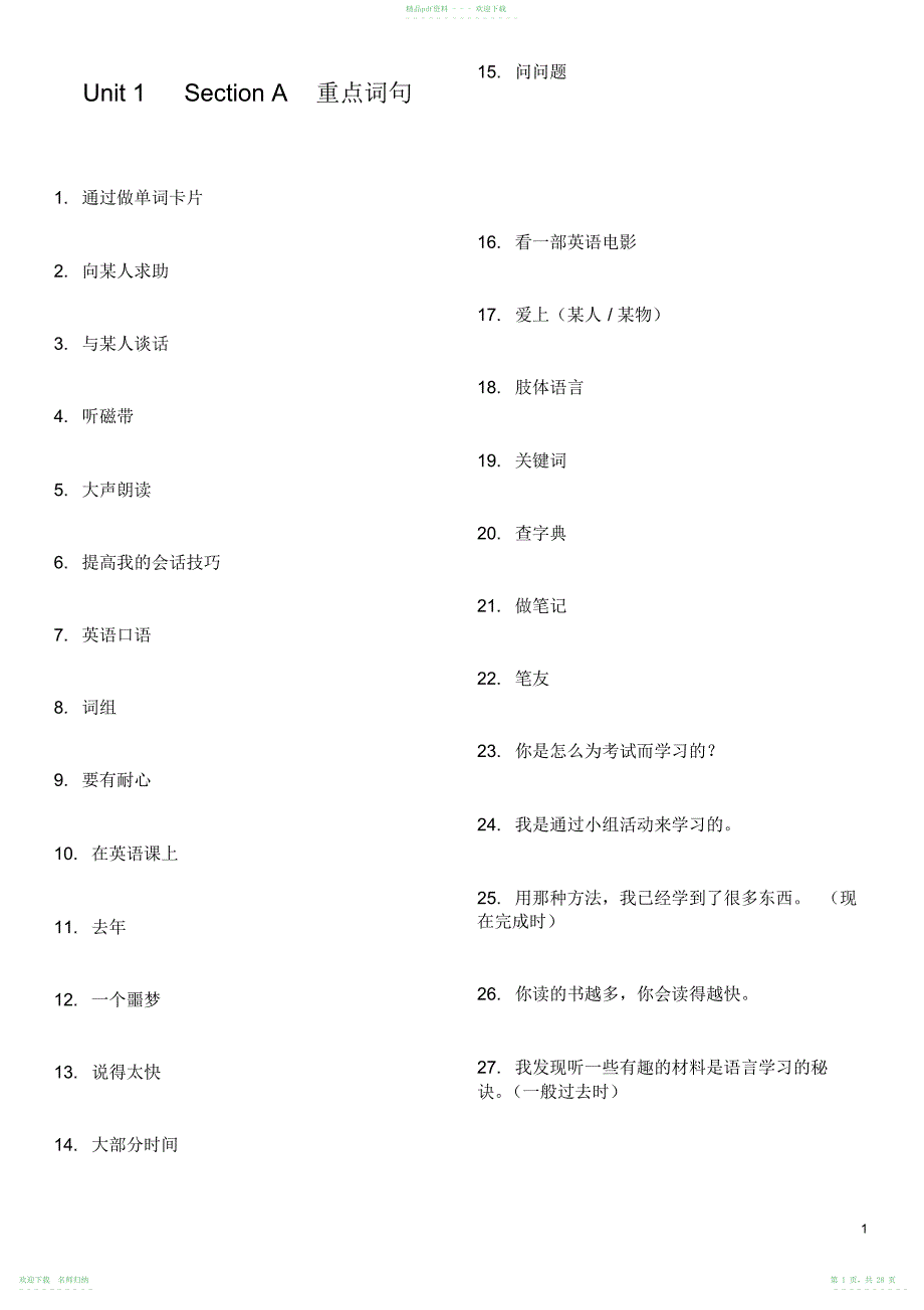 人教版-九年级英语-重点词句练习_第1页