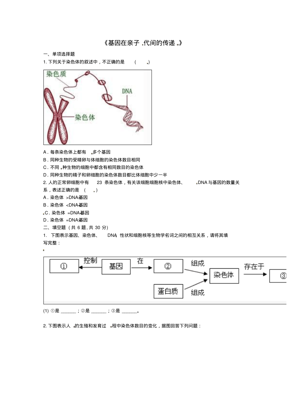 ★河南省永城市八年级生物下册7.2.2基因在亲子代间的传递综合训练无答案新版新人教版_259_第1页