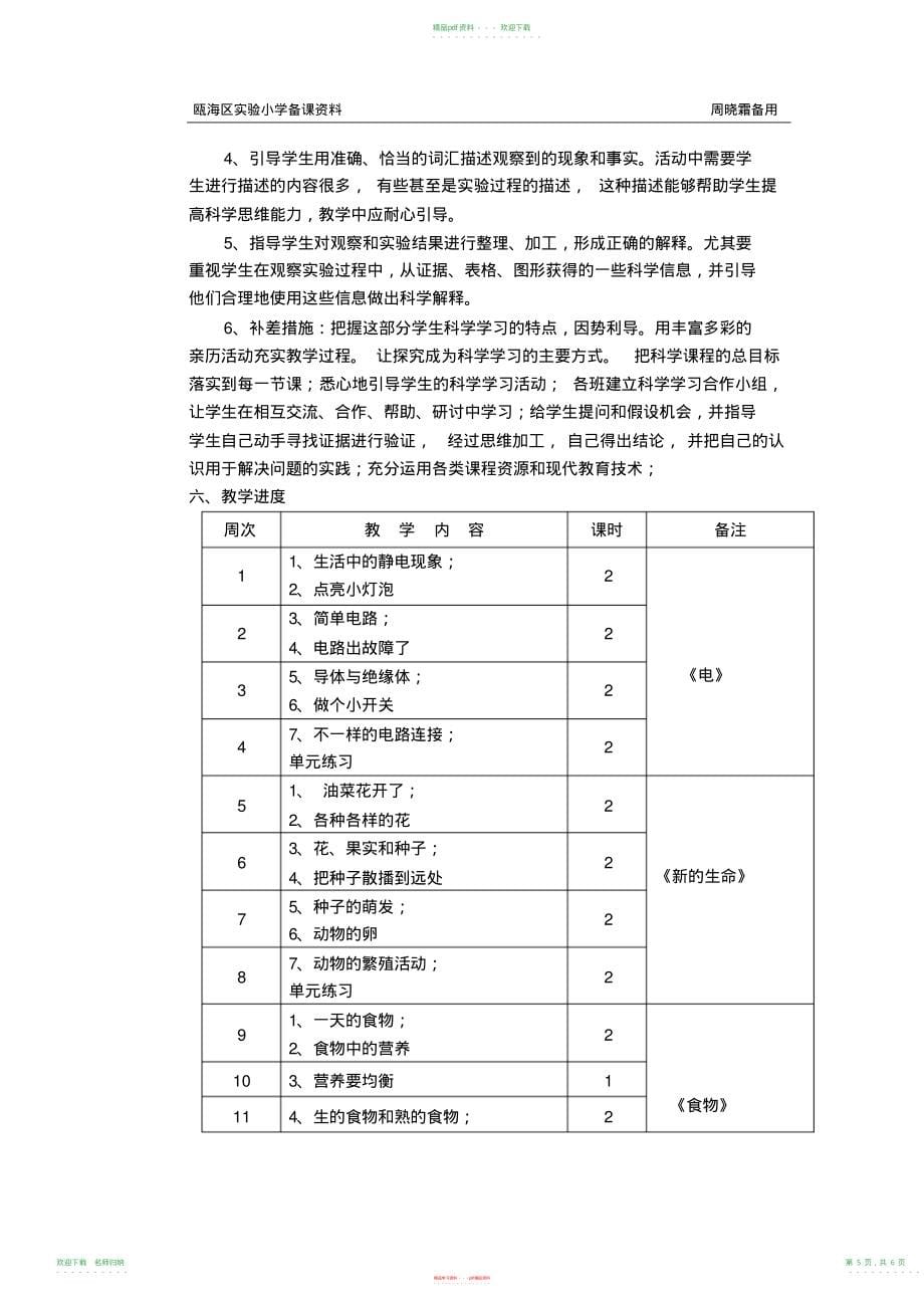 小学科学四年级下册教学计划_第5页