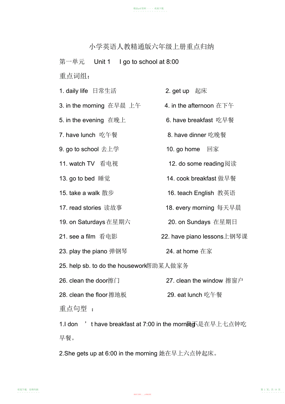 小学英语人教精通版六年级上册重点归纳_共5页_第1页