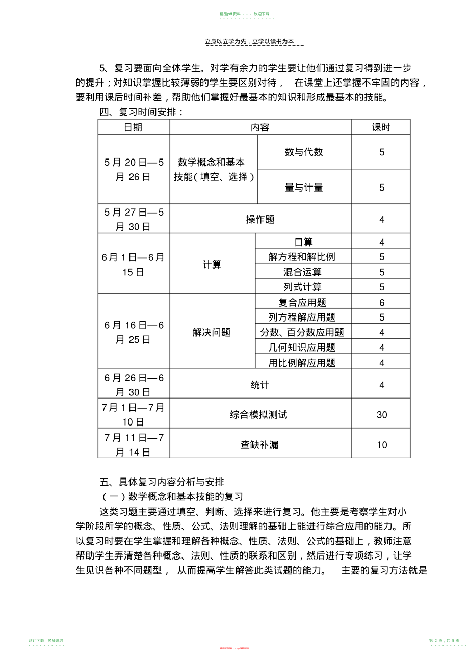 小学数学六年级毕业复习计划_第2页