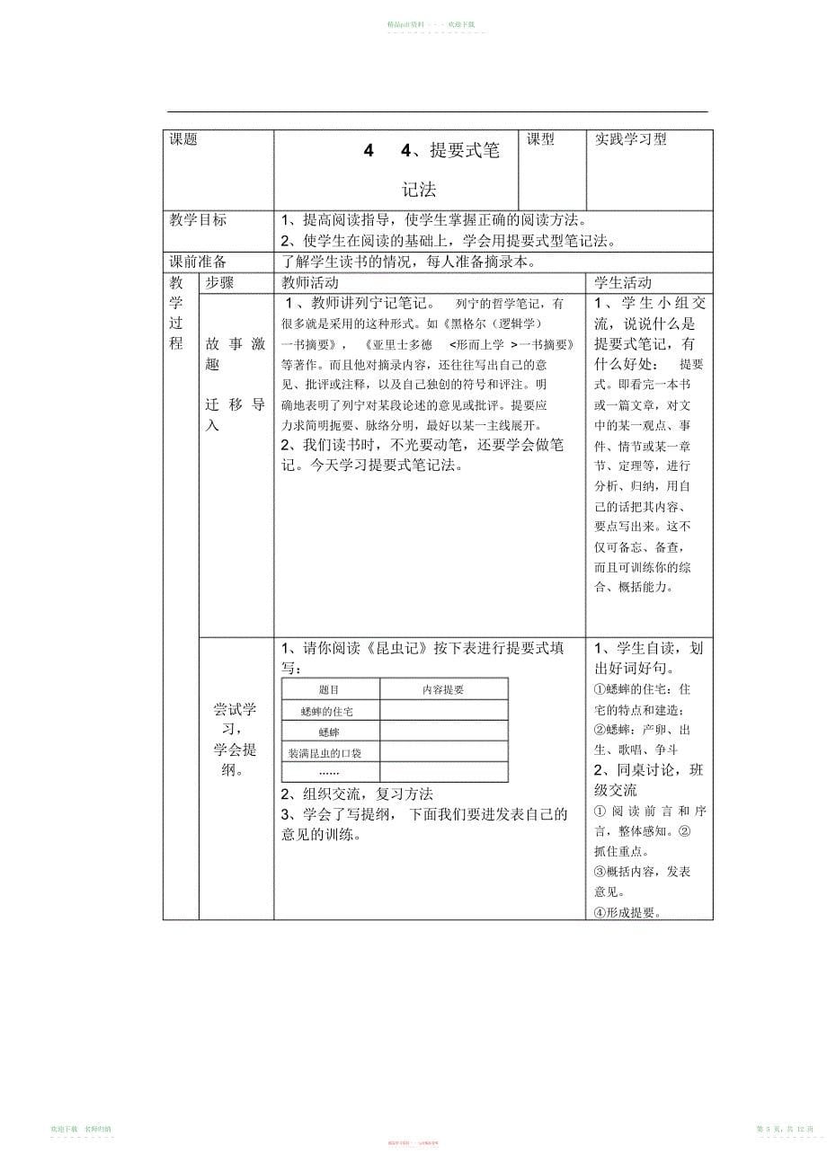 小学语文第八册四年级下学期课外阅读指导全册表格式教案设计_第5页