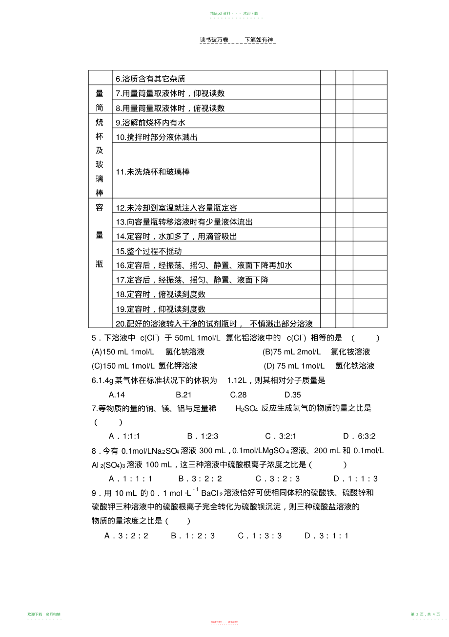 高一化学必修一,物质的量,浓度,溶液配制及计算部分经典题型及答案_第2页