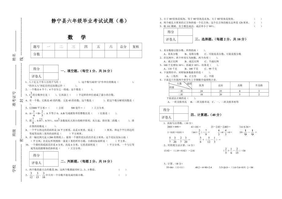 静宁六年级数学毕业试题_第1页