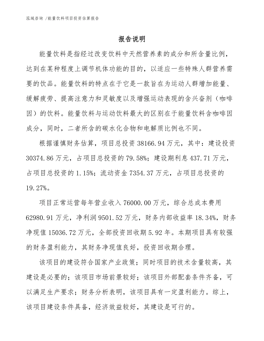 能量饮料项目投资估算报告（模板范本）_第1页