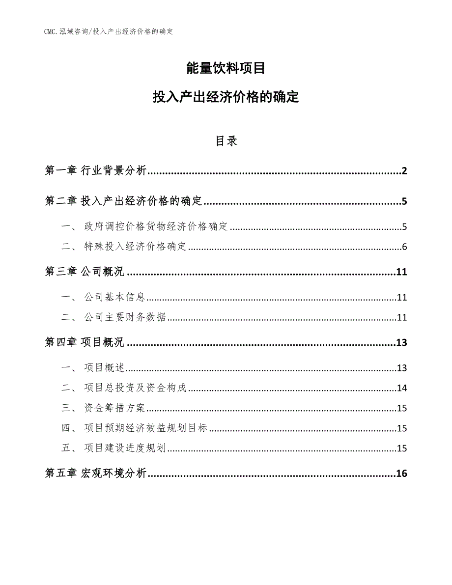 能量饮料项目投入产出经济价格的确定（参考）_第1页