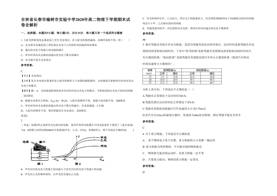 吉林省长春市榆树市实验中学2020年高二物理下学期期末试卷含解析_第1页